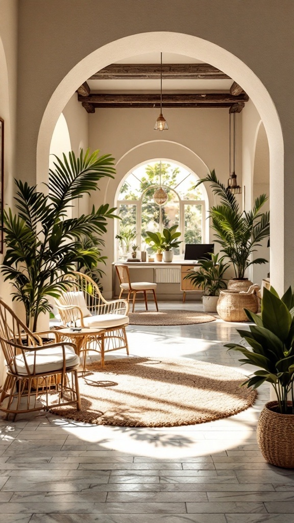 A serene Mediterranean office with arched windows and greenery.