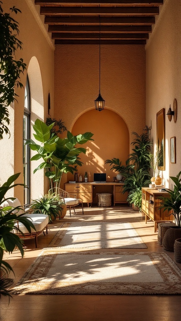 A beautifully designed Mediterranean office with textured walls and natural light.