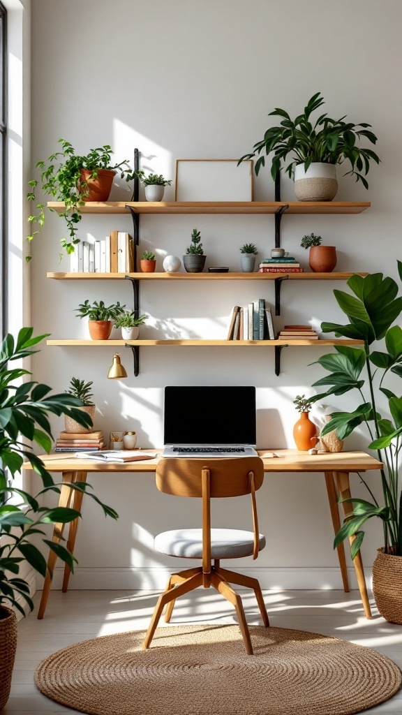 A bright and airy Mediterranean home office featuring open wood shelving with plants and decor items.