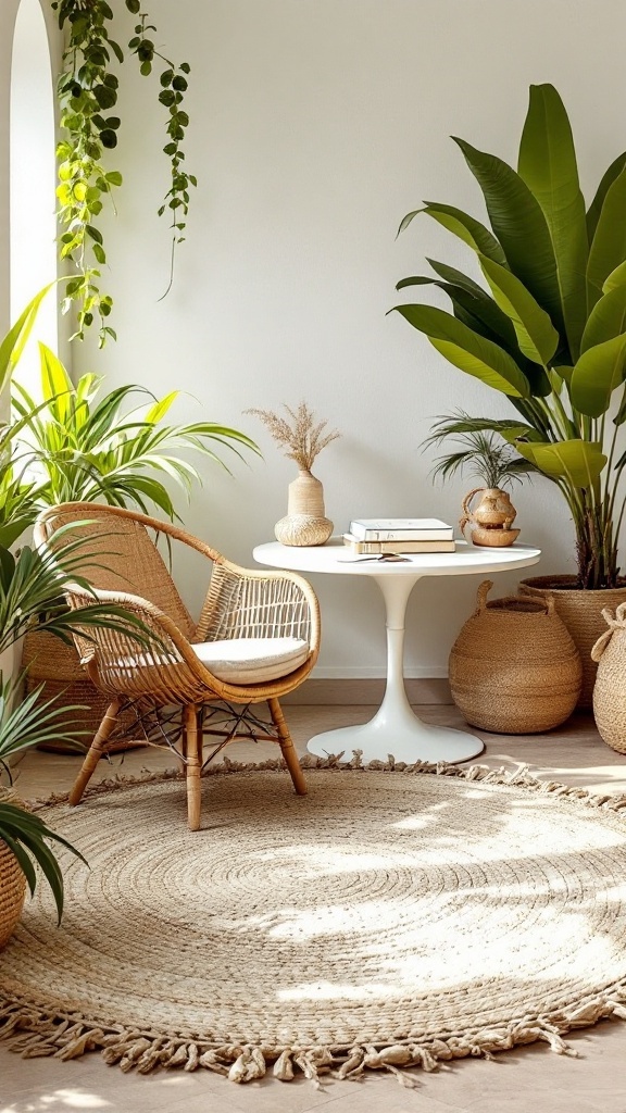 Cozy Mediterranean office setup with a natural fiber rug and plants.