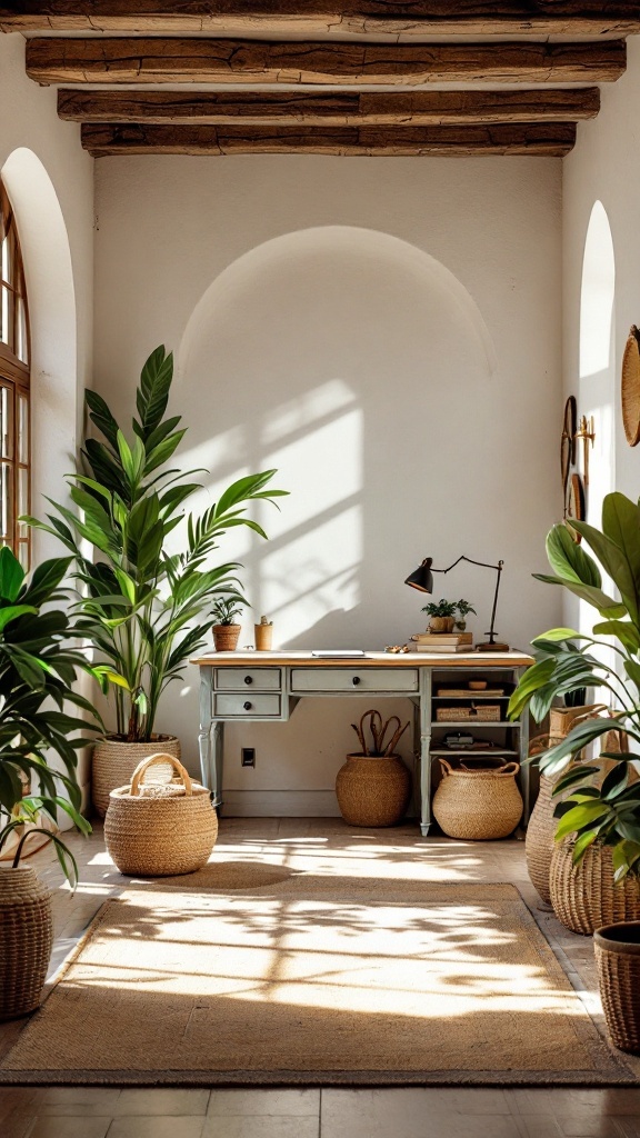 A bright Mediterranean office with vintage elements and plants.