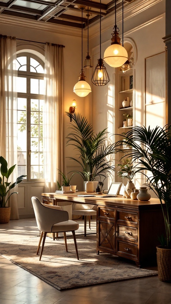 A beautifully lit Mediterranean style office with hanging lights and natural decor.