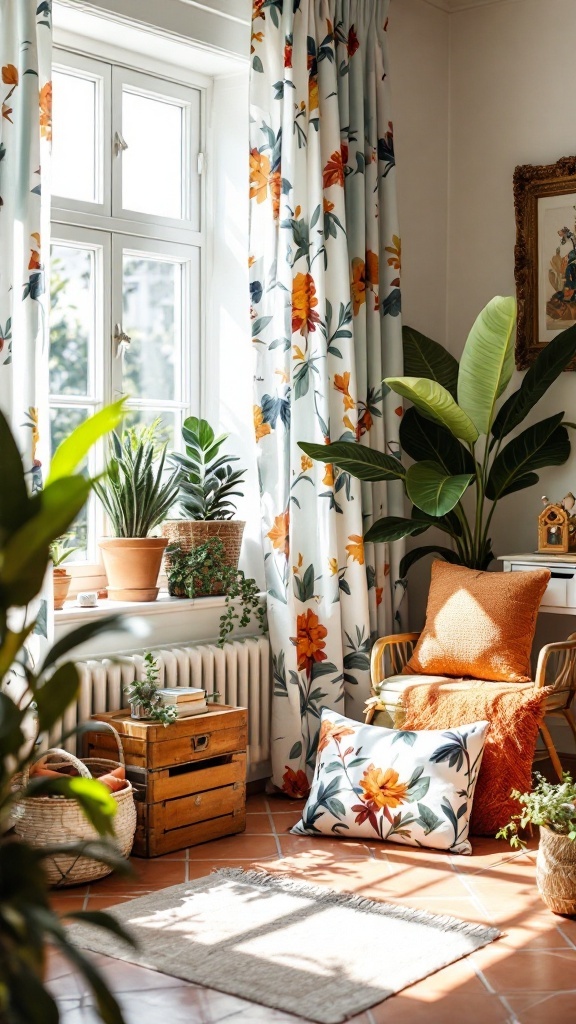 A cozy office setup featuring Mediterranean prints, terracotta accents, and greenery.
