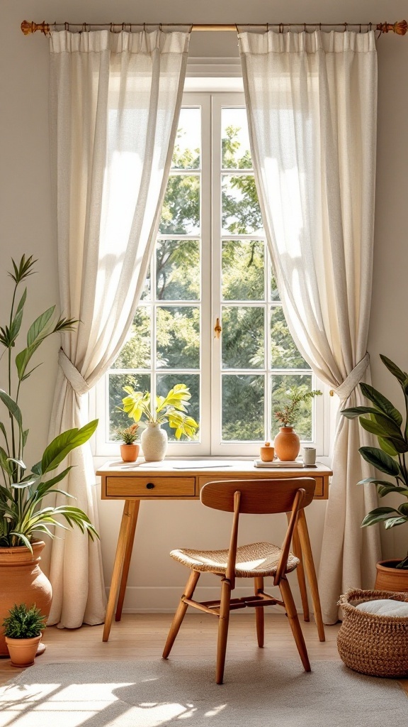 A bright Mediterranean style office featuring breezy linen curtains and a wooden desk with plants.
