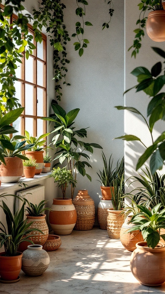 A sunlit interior filled with various ceramic pots and greenery, creating a serene and breezy atmosphere.