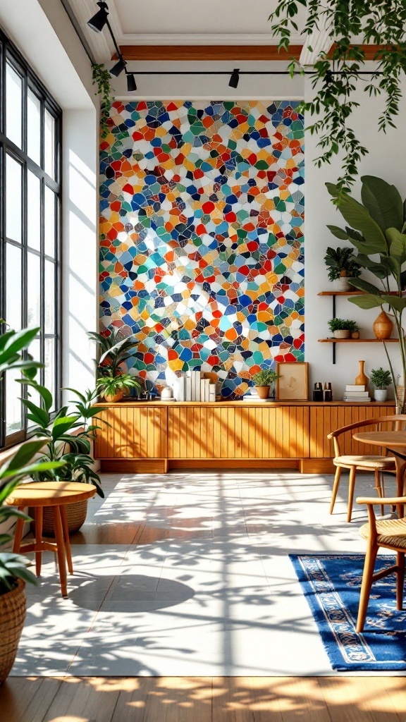 A stylish Mediterranean office featuring a vibrant mosaic wall, plants, and wooden furniture.