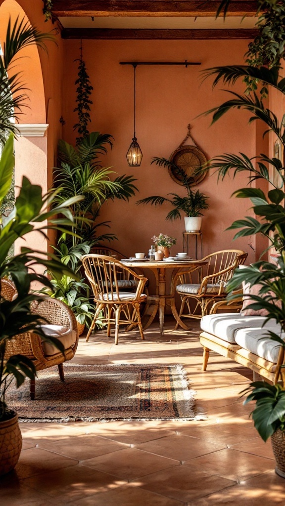 A cozy Mediterranean office space featuring terracotta walls, rattan furniture, and lush greenery.