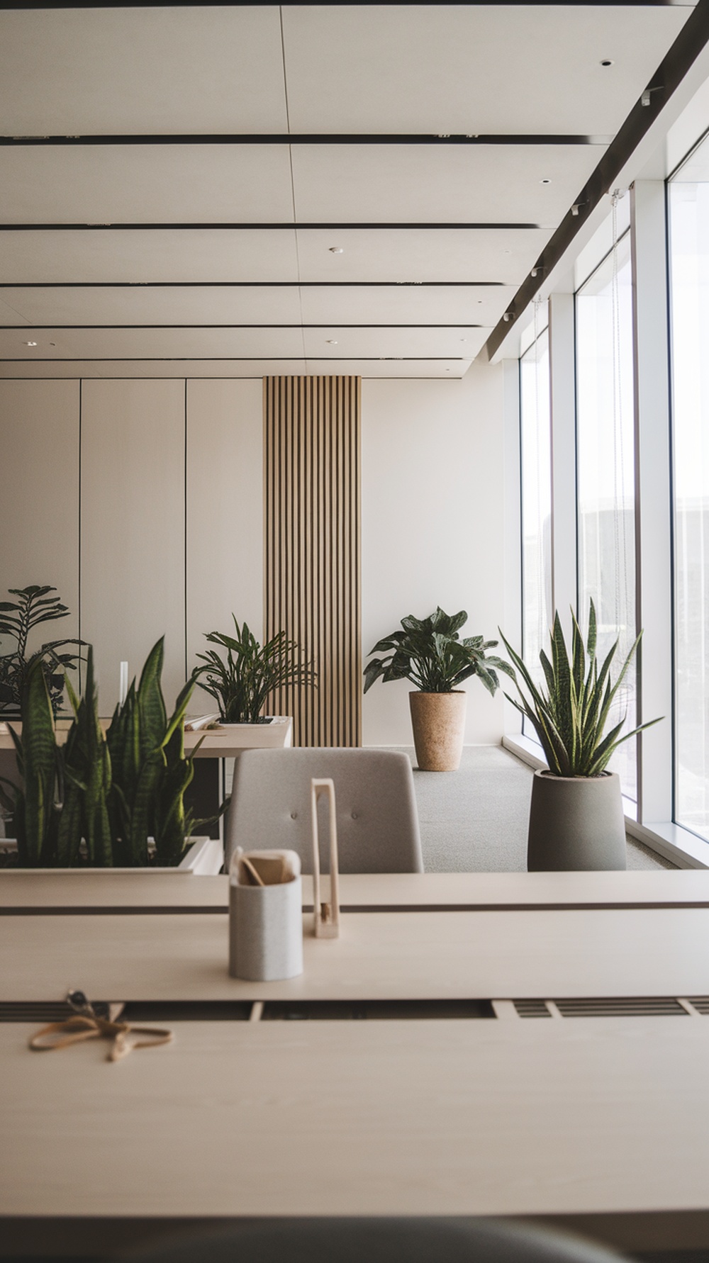 A modern minimalist office with plants and a clean desk.
