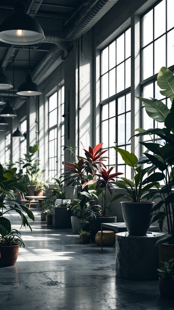 A modern industrial office space filled with various indoor plants.