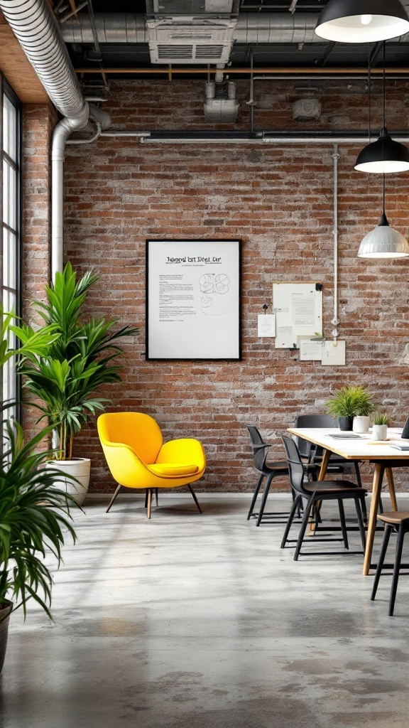 A modern industrial office space featuring a yellow chair, plants, and brick walls.