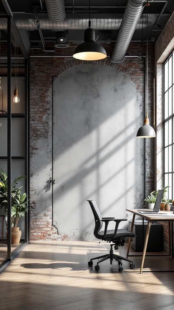 A modern industrial office with task lighting, featuring a desk, chair, and large windows.