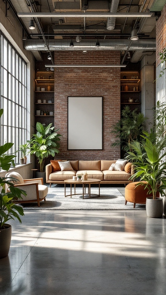 A stylish modern industrial office space featuring a mix of concrete and soft textures.