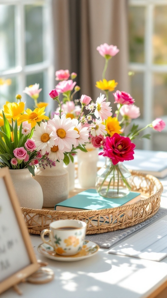 A bamboo or wicker desk tray with flowers, books, and a coffee cup on a workspace