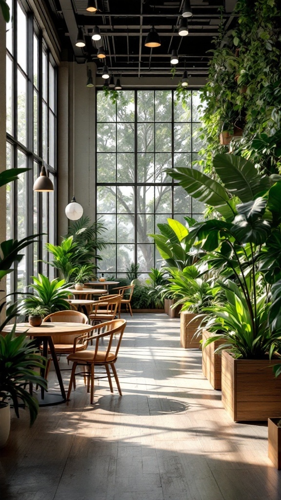 A bright office space filled with plants and wooden furniture, showcasing biophilic design.