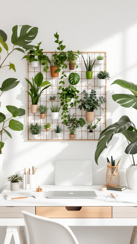 A stylish office desk with a botanical wall grid filled with various plants.