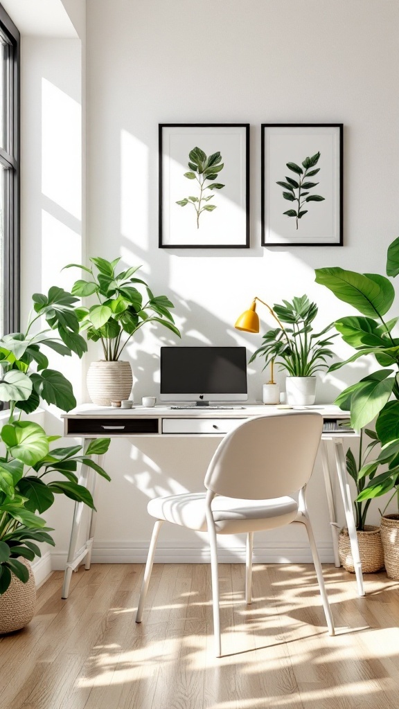 Bright small home office with botanical wall prints and plants.