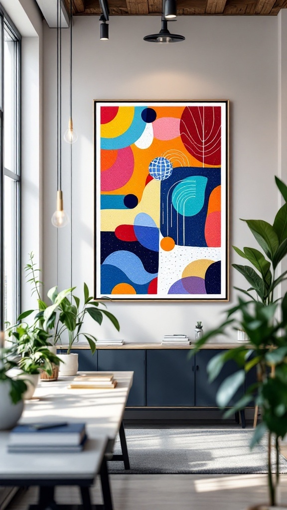 A bright abstract art print on the wall of a modern office space