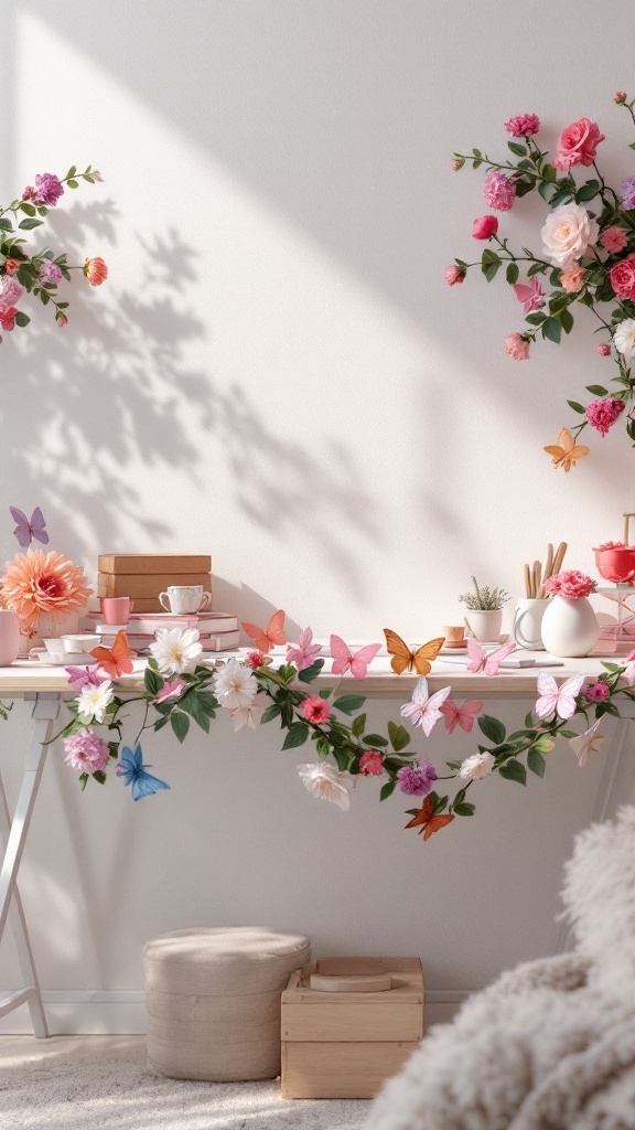 A beautifully decorated office desk with a butterfly accent garland and flowers.