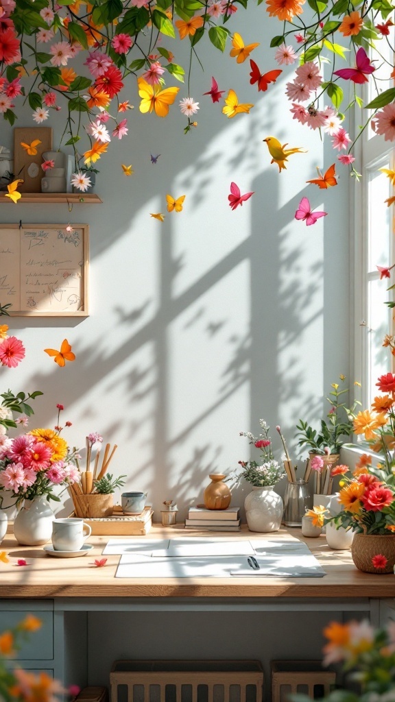 A bright workspace decorated with butterfly and bird garland, featuring flowers and a cozy desk.