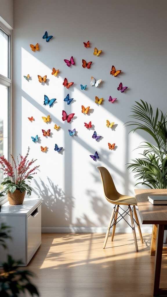 A wall decorated with colorful butterfly stickers in a bright office space