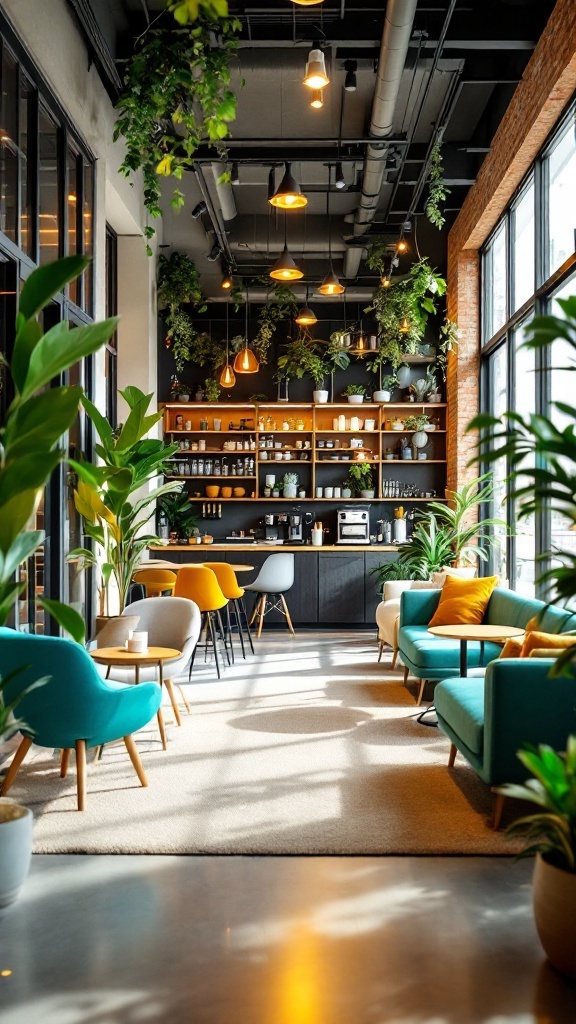 Café-style break area with colorful seating, plants, and a welcoming atmosphere.