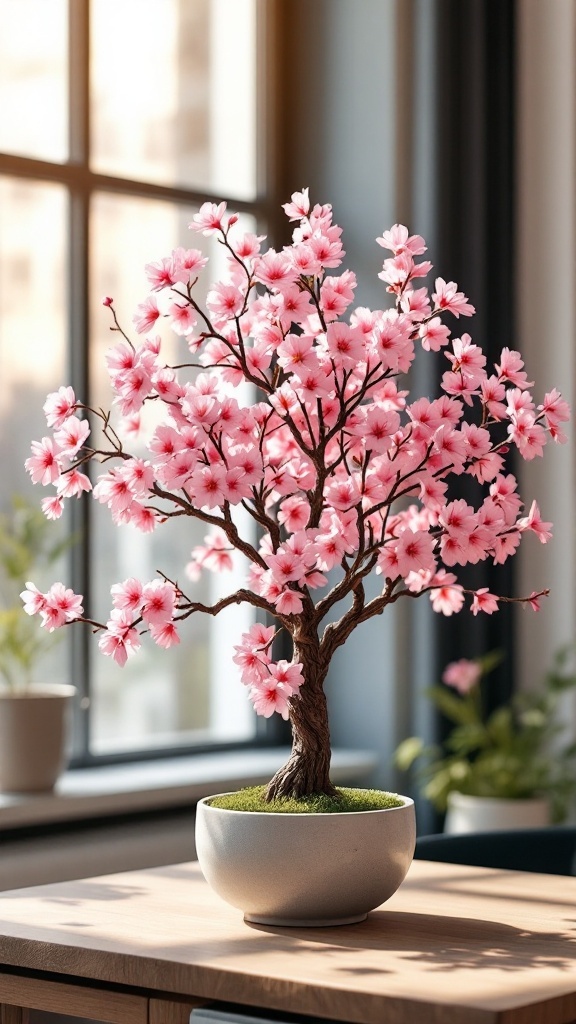 A cherry blossom tabletop tree with pink flowers in a modern pot on a wooden table.