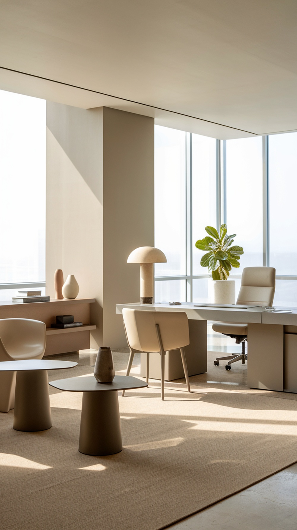 A modern minimalist office featuring a neutral color palette with soft furnishings and natural light.