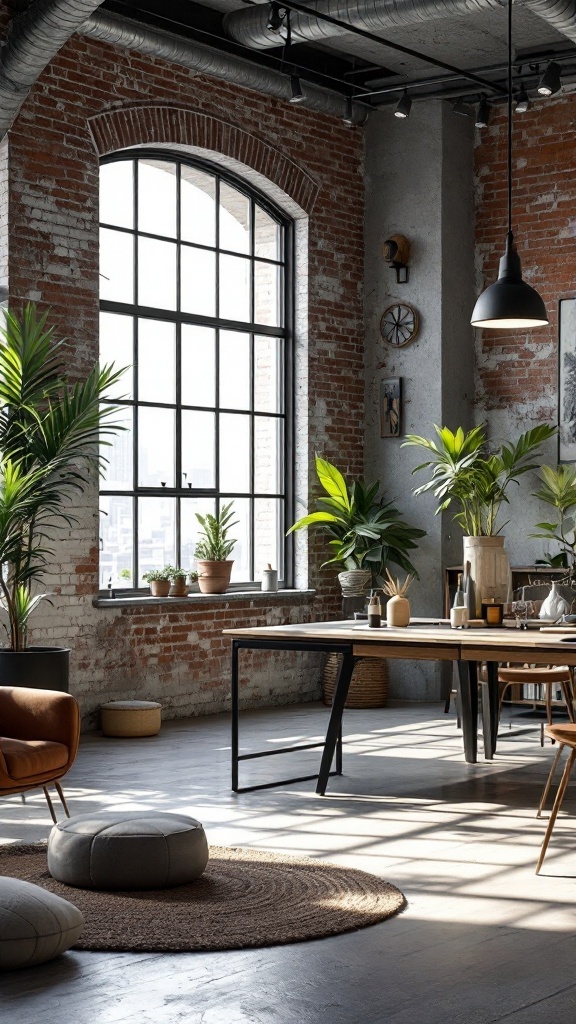 A modern industrial office space with matte finishes, featuring plants, wooden furniture, and exposed brick walls.