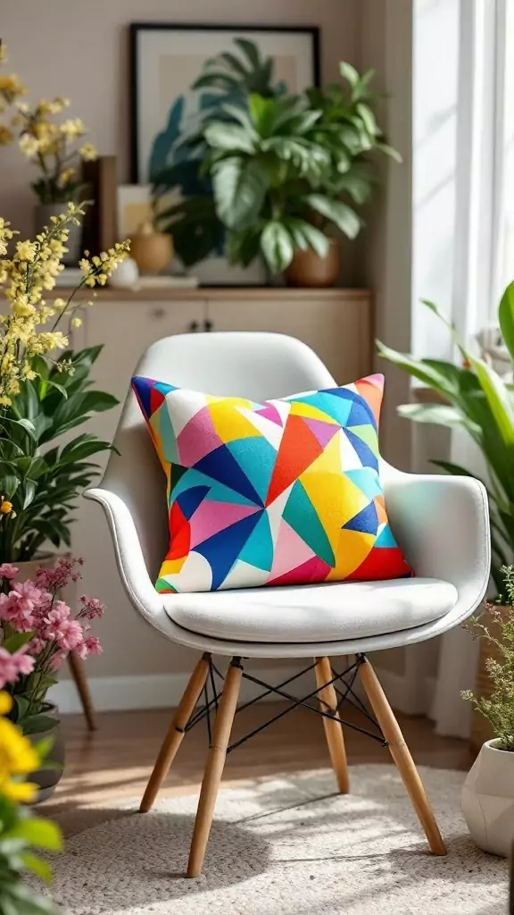Colorful throw pillow on a desk chair in a bright home office setting.