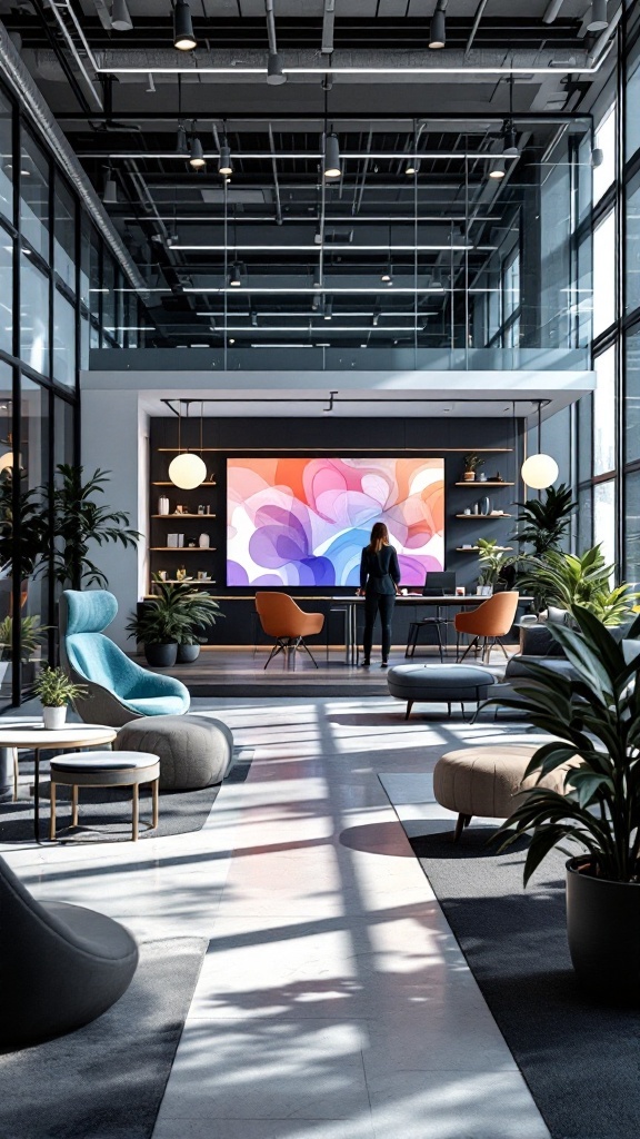 A stylish corporate office space with modern furniture and vibrant decor.