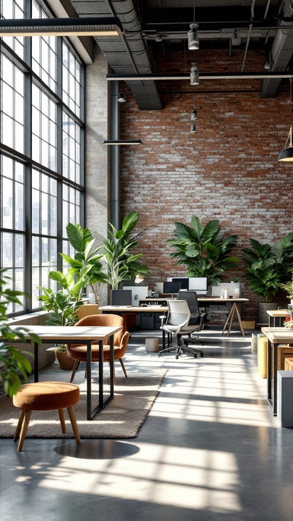 A modern industrial office space with flexible work zones, featuring large windows and plants.