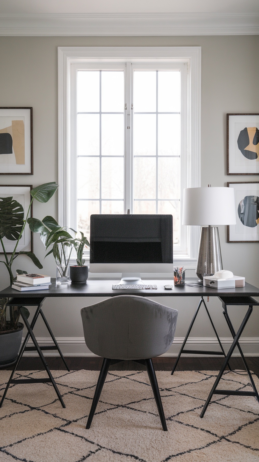 A modern minimalist office setup featuring a simple desk, chair, plants, and artwork.