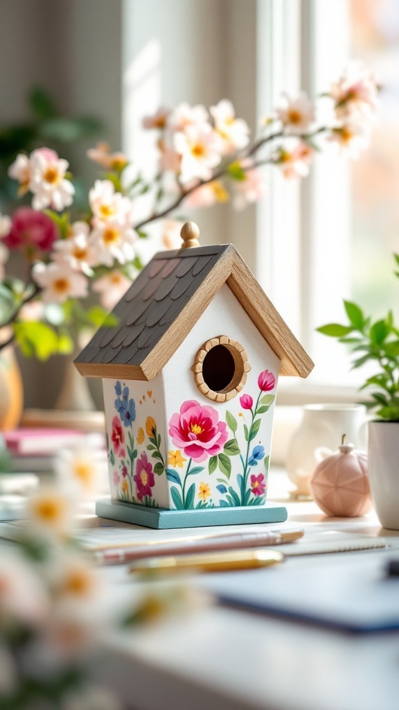 Decorative birdhouse surrounded by flowers, adding charm to a workspace.