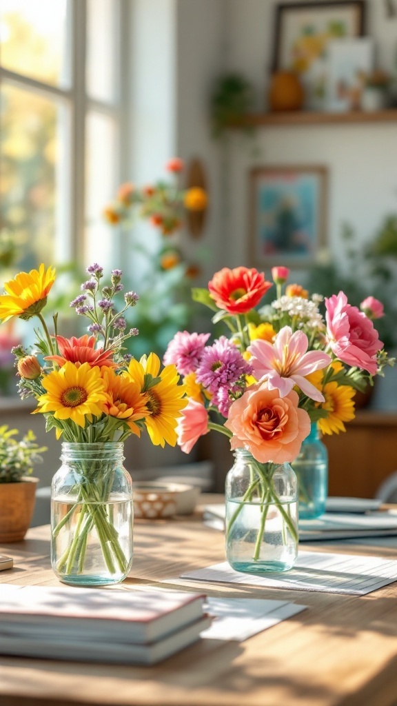 Colorful flower arrangements in mason jars on a wooden table