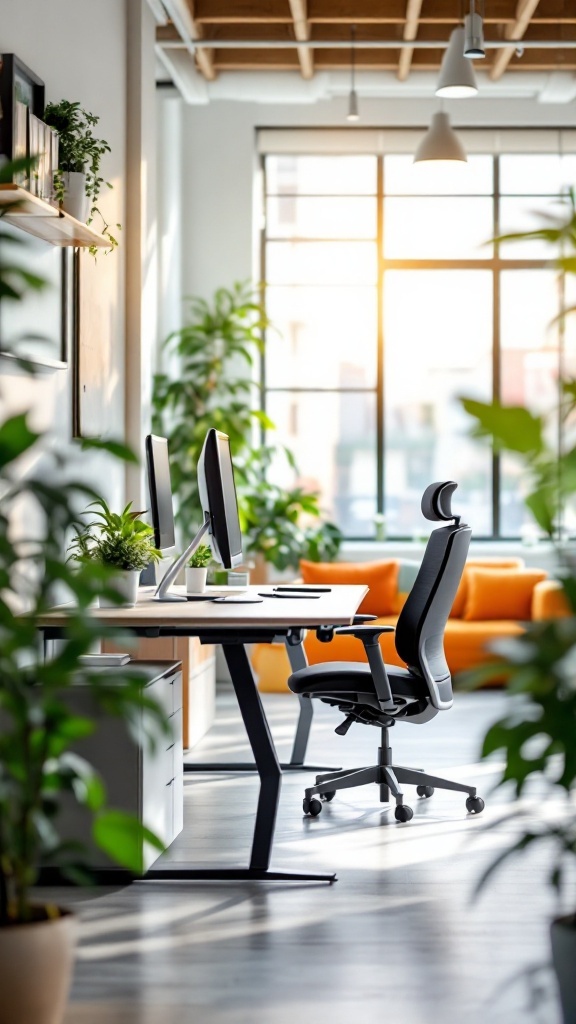 A bright, modern office workspace with ergonomic furniture and greenery.