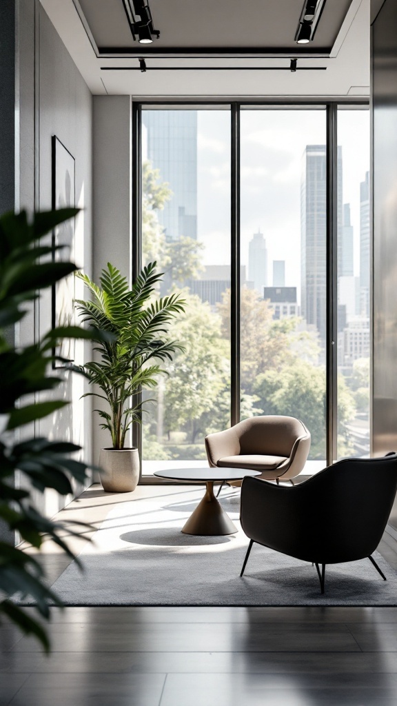 A modern executive private office with large windows, comfortable seating, and plants.
