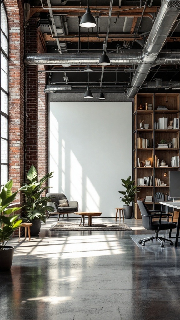 A modern industrial office space featuring exposed brick walls, ductwork, and natural light.