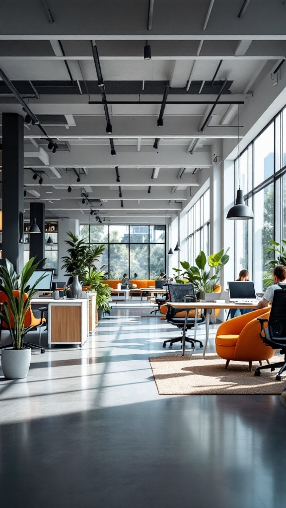 A bright open office space with various workstations featuring modern furniture and plants.