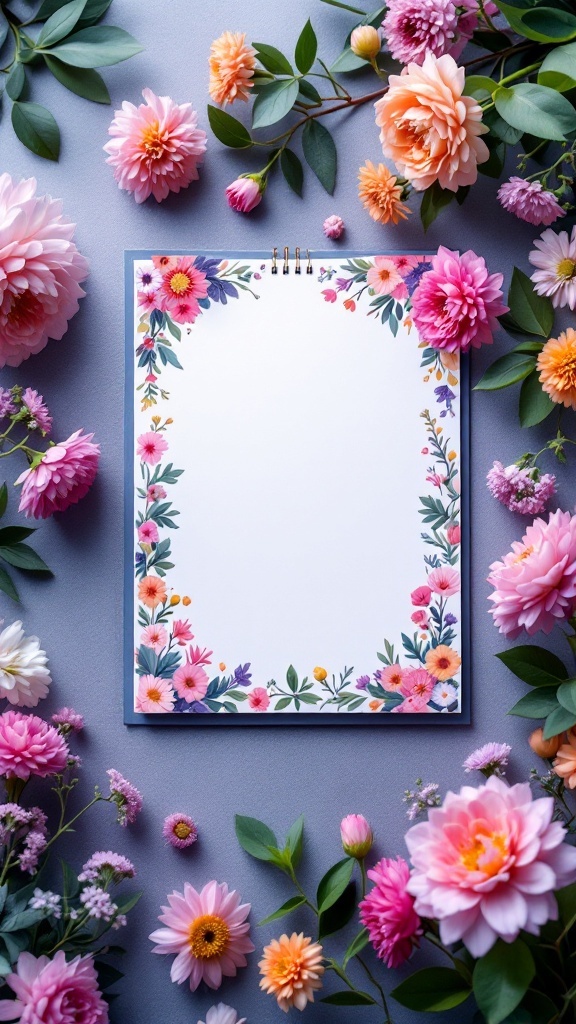 Floral desk calendar surrounded by colorful flowers on a table.
