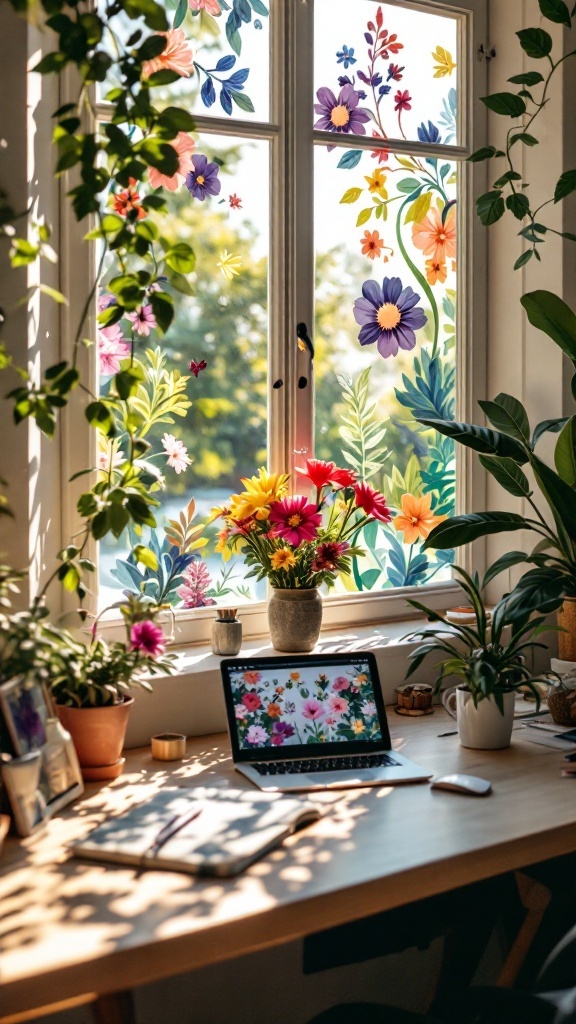 A bright workspace featuring floral window clings, plants, and a laptop