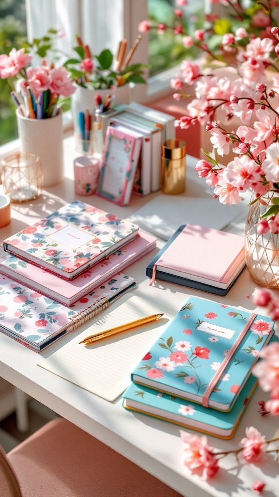 A colorful workspace featuring floral patterned notebooks and planners alongside fresh flowers.