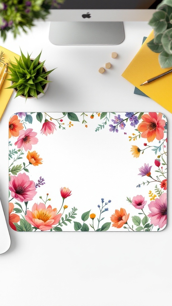 Floral print mouse pad on a workspace with a computer and office supplies.