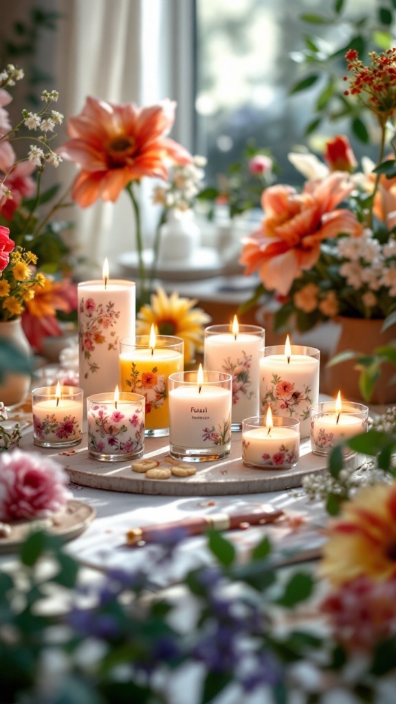 A collection of floral scented candles surrounded by fresh flowers.