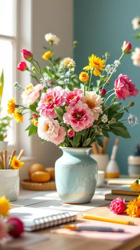 Fresh cut flowers in a vintage vase on a workspace table.
