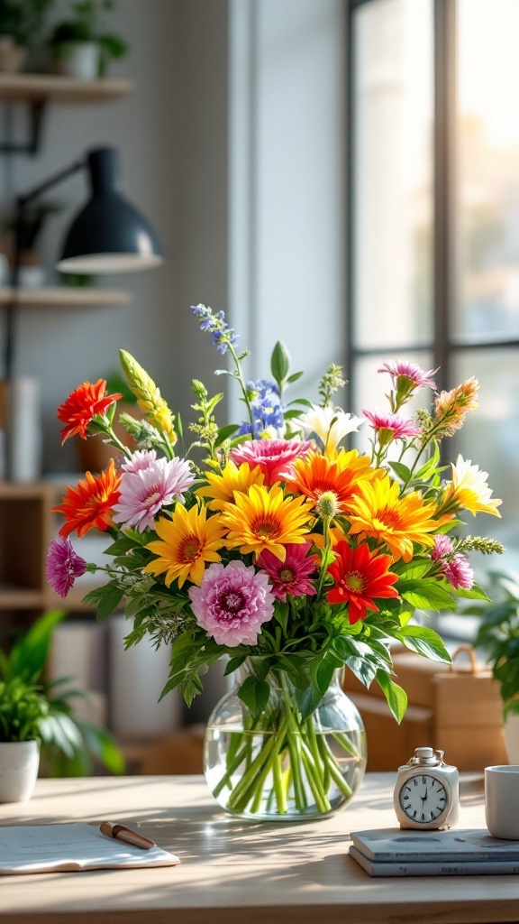 A vibrant arrangement of colorful flowers in a vase on a desk in a bright office setting.