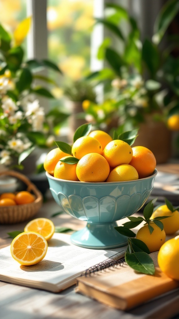 A bowl of lemons on a table surrounded by flowers and greenery.