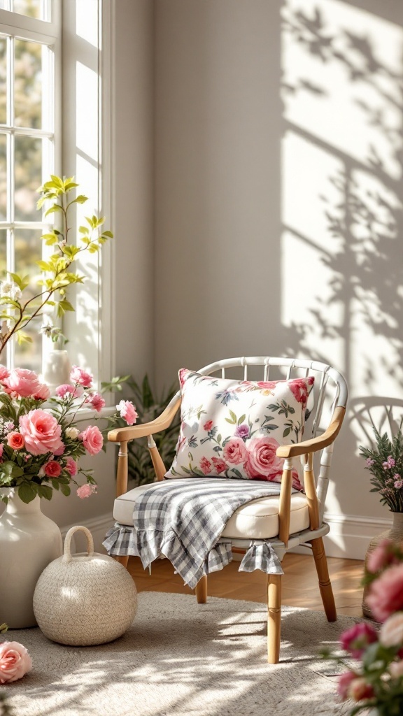 A cozy chair with floral and gingham cushions, surrounded by Spring decorations.