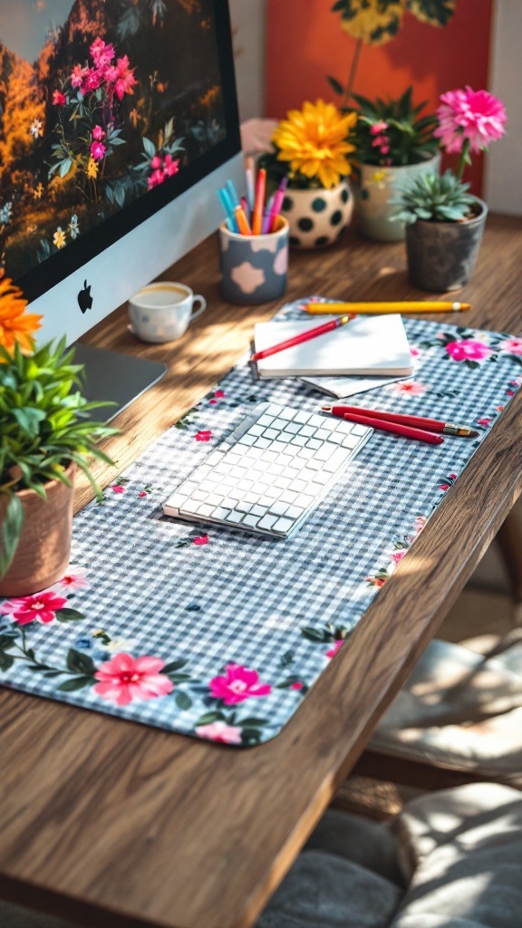 A pink gingham fabric desk mat with floral accents on a white desk