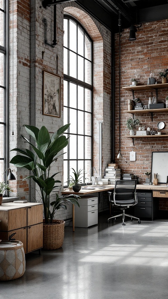 A modern industrial office space featuring minimal storage and sleek design.