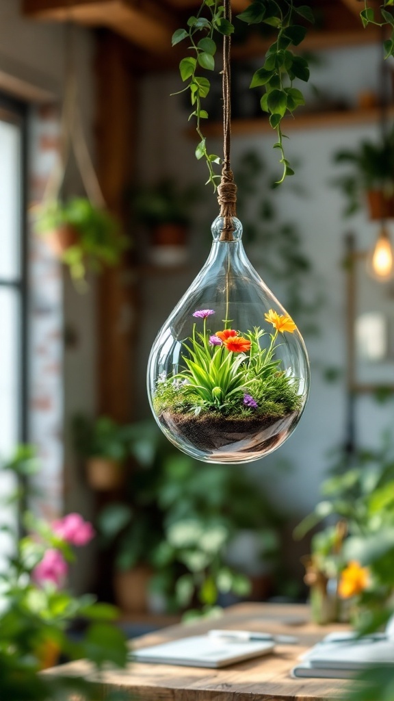 A hanging glass terrarium with colorful flowers and greenery.